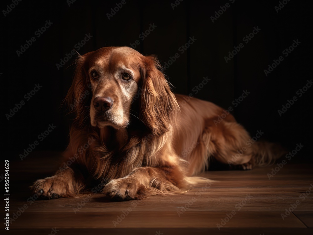 A retriver dog laying on a wooden floor