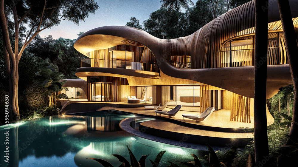 View of Tropical Luxury Retreat - A modern luxury house, Organic shapes, wood ...