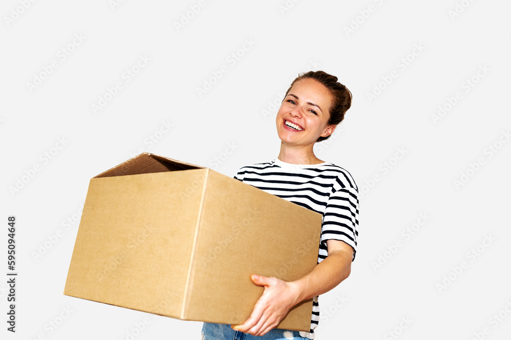 Isolated woman holding a big cardboard box in her hands on white background, moving, relocation concept. Isolated woman holding a big cardboard box in her hands on white background, moving, relocation concept.