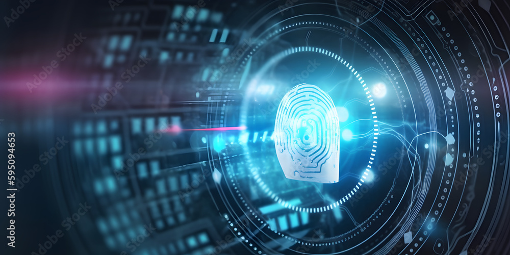 Fingerprint scanning, biometric authentication, cybersecurity and fingerprint password, future technology and cybernetic. E-kyc (electronic know your customer), technology against digital cyber crime