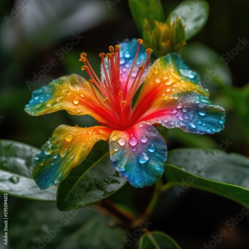 A colorful flower is lit up with a black background