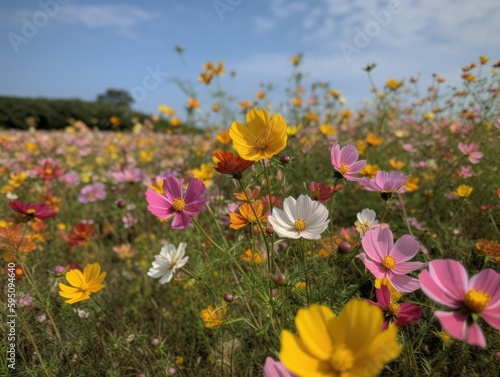 A field of pink and yellow flowers with a blue sky