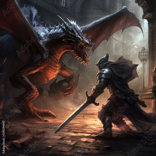 A dramatic and intense battle between a dragon and a man © Tymofii