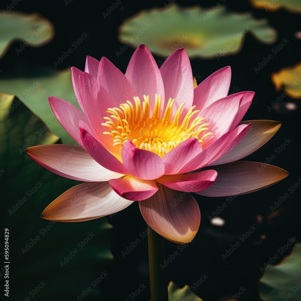 A pink lotus flower with a yellow center