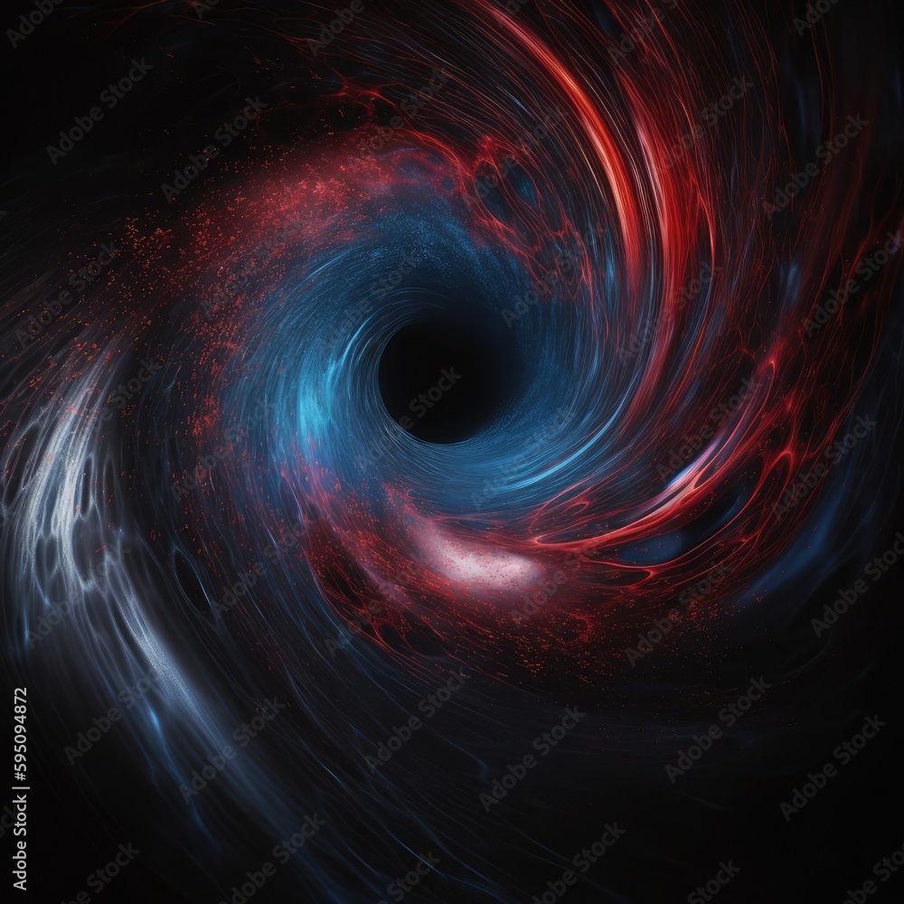 A red and blue swirl is in the center of a black hole