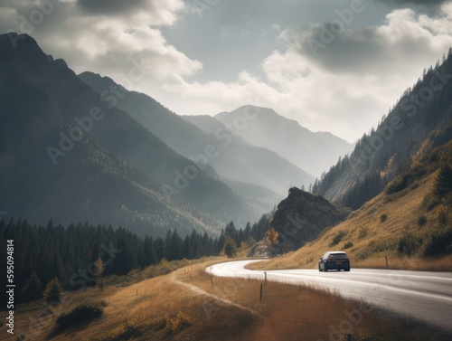 A mountain landscape with a car driving down the road