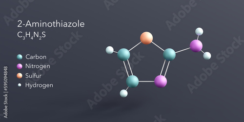 2-aminothiazole molecule 3d rendering, flat molecular structure with chemical formula and atoms color coding photo