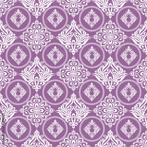 seamless graphic pattern, tile with abstract geometric white ornament on purple background, texture, design