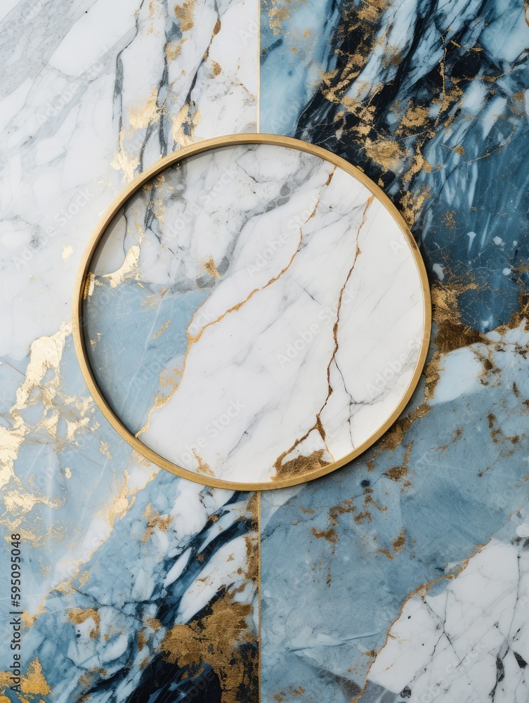 Blue and white marble texture with a gold circle Blue and white marble texture with a gold circle