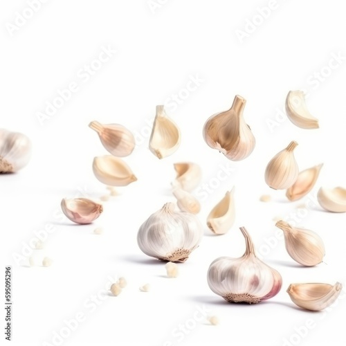 Garlic cloves levitate on a white background