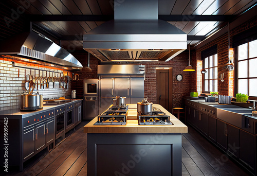 Spacious beautiful professional kitchen in a restaurant or food factory. Metal counters and work tables  electric stoves and cutting boards on the walls. AI generative.