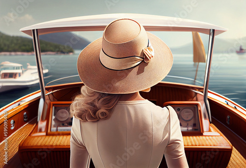 View from the back, a woman in a straw hat is standing and driving a yacht. AI generated.