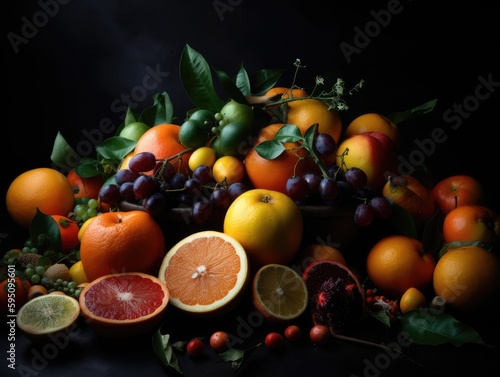 Oranges and other fruits are arranged on a dark