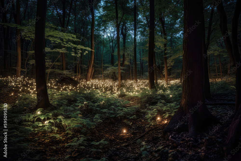 Magic fairy tale forest at night. Fantasy forest with glowing lights. Created with Generative AI Magic fairy tale forest at night. Fantasy forest with glowing lights. Created with Generative AI