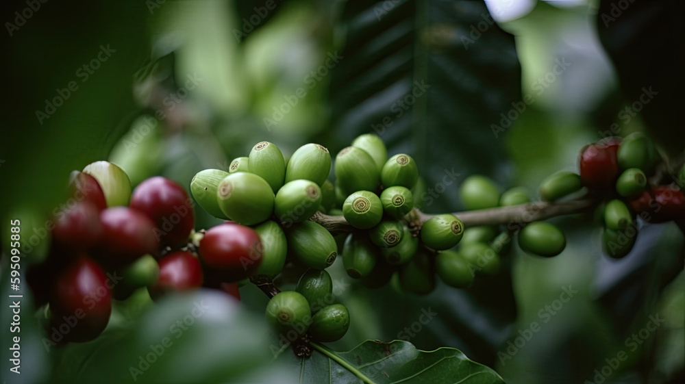 Coffee tree with fresh red coffee beans on coffee plantation. Ripening coffee berry, organic harvest. Created with Generative AI Coffee tree with fresh red coffee beans on coffee plantation. Ripening coffee berry, organic harvest. Created with Generative AI