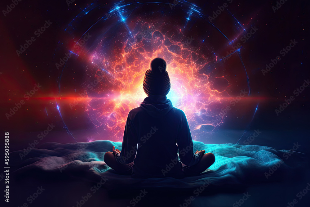 Silhouette of body meditate in lotus position on cosmic background. Spiritual awakening and positive energy of universe. Concept of communication with another world. Created with Generative AI