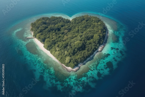 Tropical island in shape of heart, top view. Luxury resort at private island. Created with Generative AI © Lazy_Bear