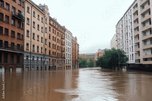 Flooding in city street. Street after hurricane and heavy rain. Property damage by high water. Created with Generative AI © Lazy_Bear