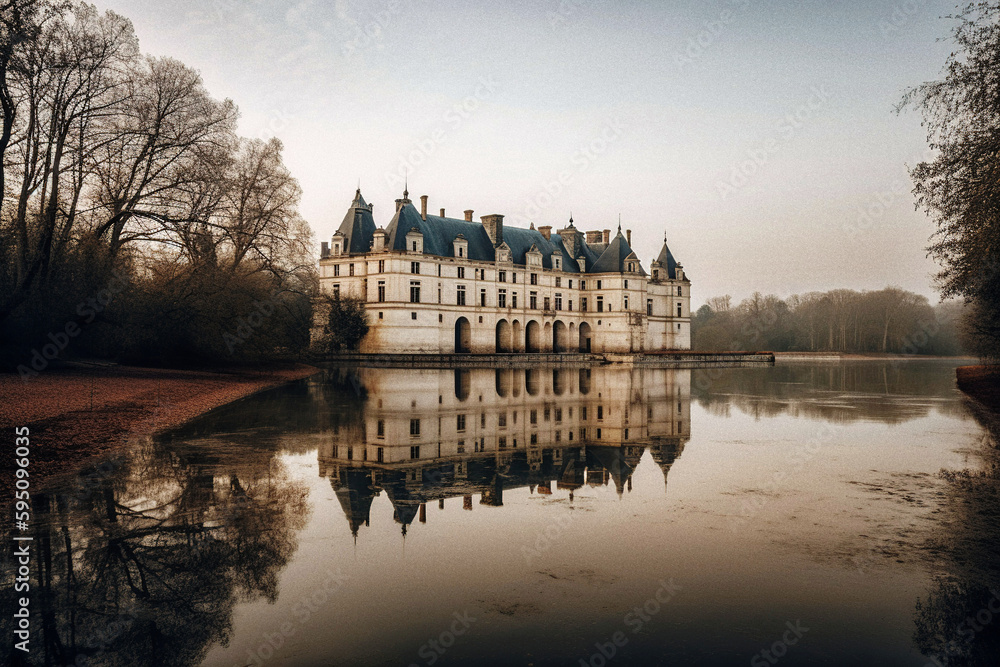 Chenonceau-esque Castle Reflecting in the Cher River - generative AI