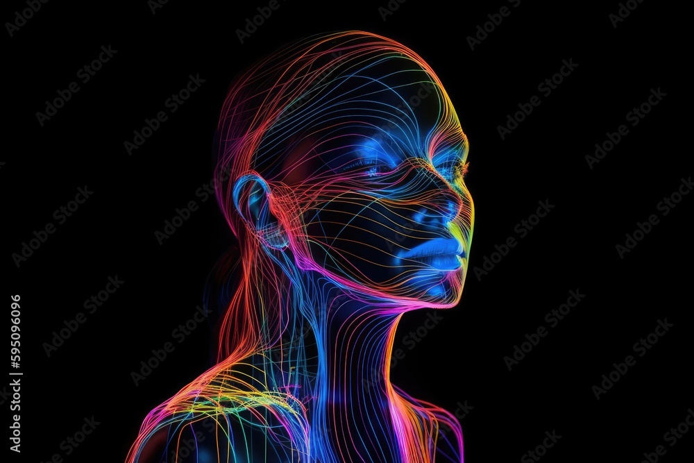 side view contour linear art portrait of woman made from glowing colorful neon light over black background side view contour linear art portrait of woman made from glowing colorful neon light over black background