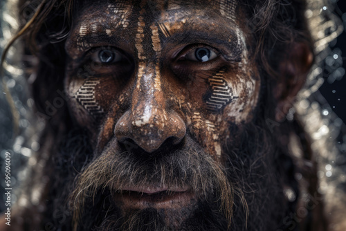 Portrait of prehistoric man on dark background. Face of Neanderthal caveman with beard. Ancestor of mankind. Created with Generative AI