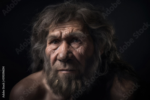 Portrait of prehistoric man on dark background. Face of Neanderthal caveman with beard. Ancestor of mankind. Created with Generative AI