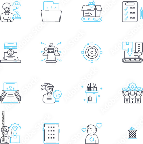 Operating squad linear icons set. Teamwork, Strategy, Coordination, Execution, Leadership, Efficiency, Tactics line vector and concept signs. Domination,Precision,Agility outline illustrations