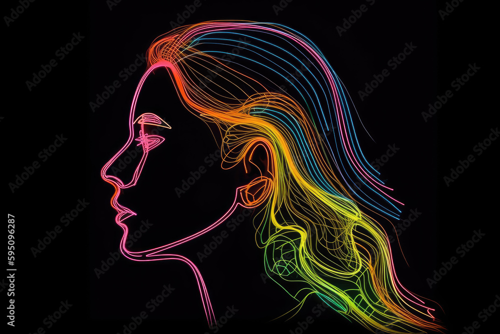 side view contour linear art portrait of woman made from glowing colorful neon light over black background side view contour linear art portrait of woman made from glowing colorful neon light over black background