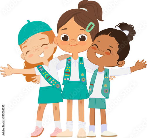Happy multi ethnic multi aged girls scout hug. Girls Scout happily hug and smile. Girl together. Junior Girls Scout Uniform
