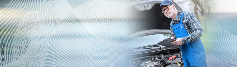 Car mechanic checking a car engine; panoramic banner Car mechanic checking a car engine; panoramic banner