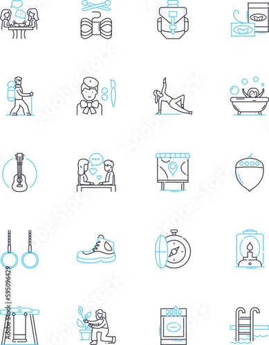 Amusement diversions linear icons set. Rollercoaster, Arcade, Ferris Wheel, Waterpark, Zip-line, Bumper cars, Mini golf line vector and concept signs. Haunted house,Mirror maze,Carousel outline