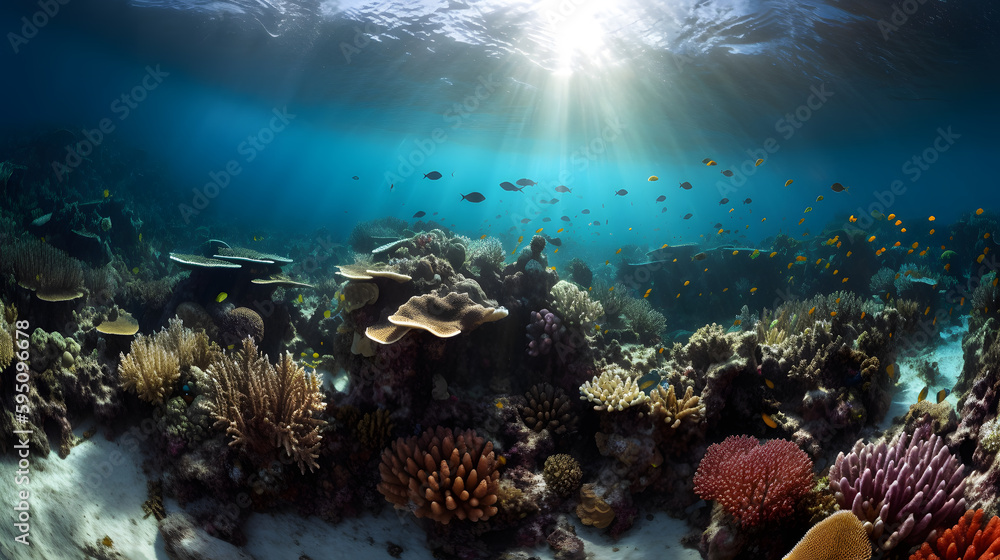 Vibrant image of a coral reef teeming with marine life, featuring a ...