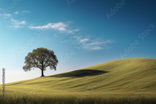 Solitary Tree on Hill-Shaped Meadow - generative AI