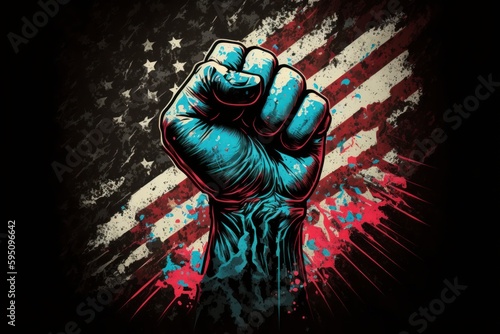 fist punching the air american flag at background, usa 4th July celebration riot, generative ai