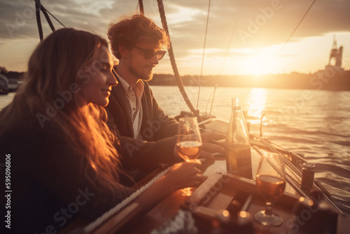 Beautiful couple of lovers relaxing on sailing boat with a champagne bottle at the sunset. Happy and romantic lifestyle concept. Generative Ai.