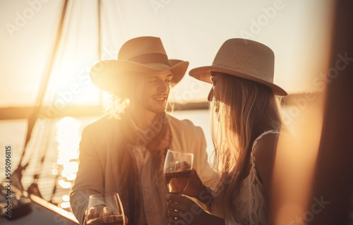 Beautiful couple of lovers relaxing on sailing boat with a champagne bottle at the sunset. Happy and romantic lifestyle concept. Generative Ai.