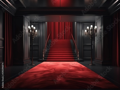 VIP luxury entrance with red carpet. Postproducted generative AI digital illustration.