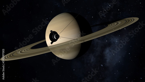 Space probe approaching planet Saturn. 3D illustration.