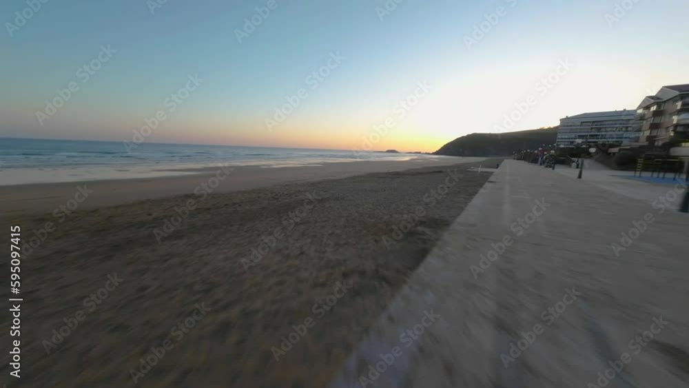 beautiful sunrise in zarautz drone view