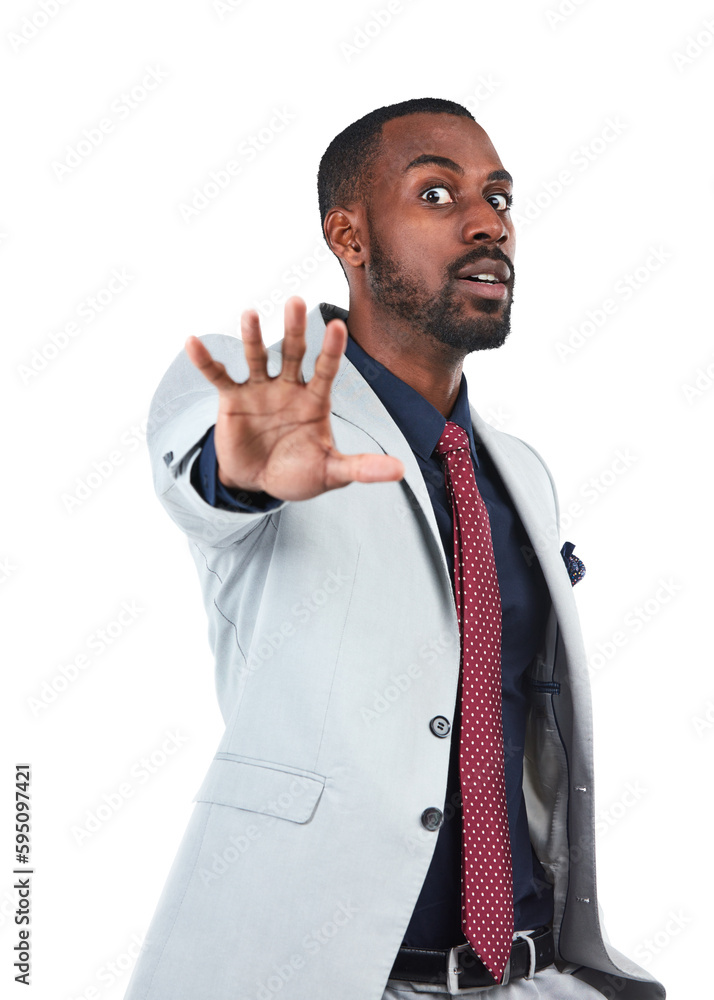 Portrait, stop and hand gesture with a business black man isolated on a ...