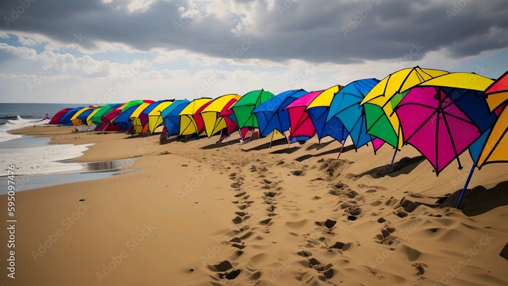 A row of brightly colored beach umbrellas planted in the sand, with the waves crashing in the background. A row of brightly colored beach umbrellas planted in the sand, with the waves crashing in the background.