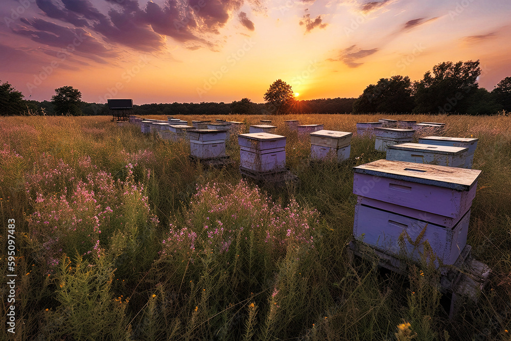 Colorful Beehives at Sunset - generative AI