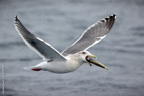 Slaty-backed gull gliding over a tranquil body of water with a freshly caught fish in its beak