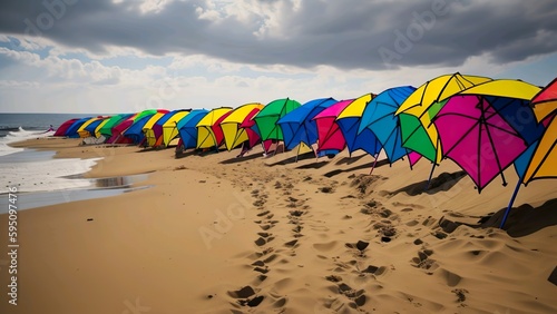 A row of brightly colored beach umbrellas planted in the sand, with the waves crashing in the background.