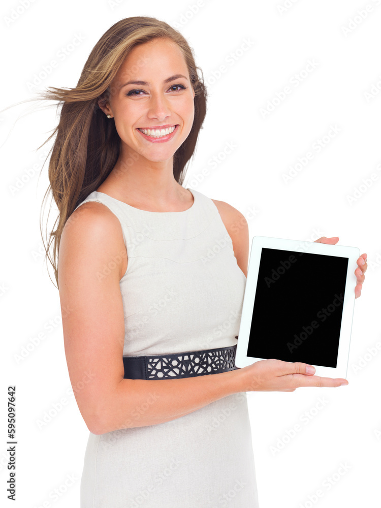 Tablet presentation, happy or portrait of woman with digital ui tech, online promotion or business offer. Screen, happiness or female manager with notification isolated on transparent, png background Tablet presentation, happy or portrait of woman with digital ui tech, online promotion or business offer. Screen, happiness or female manager with notification isolated on transparent, png background