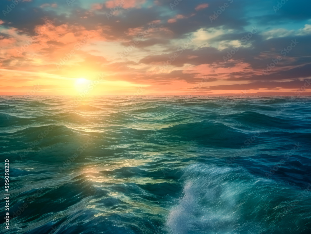 An ocean filled with clouds and sunlit, sparkling water reflections. Generative Ai.
An ocean filled with clouds and sunlit, sparkling water reflections. Generative Ai.