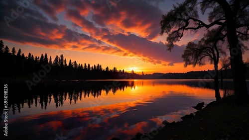 A wide-angle shot of a vibrant sunset over a serene lake  with a row of trees silhouetted in the foreground.