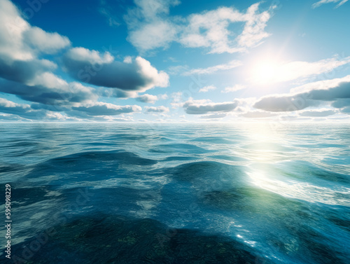 An ocean filled with clouds and sunlit, sparkling water reflections. Generative Ai. 