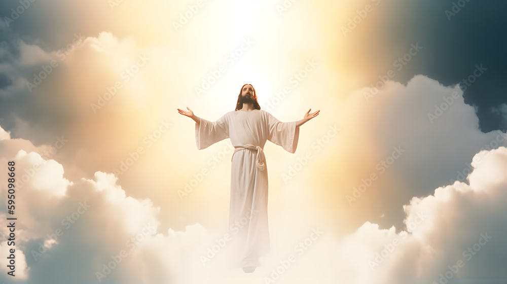 The resurrected Jesus Christ ascending to heaven above the bright light sky and clouds and God, Heaven and Second Coming concept The resurrected Jesus Christ ascending to heaven above the bright light sky and clouds and God, Heaven and Second Coming concept