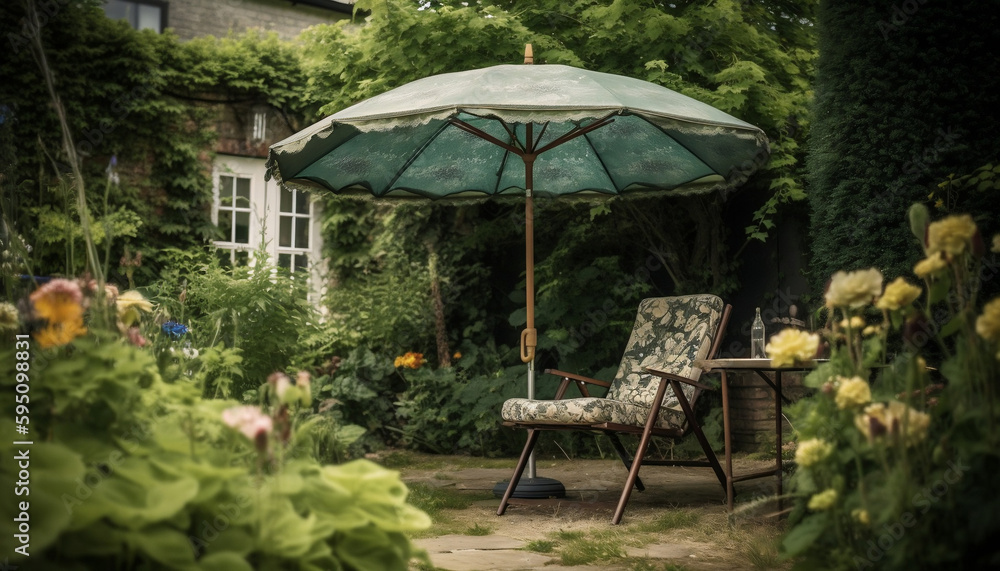Garden umbrella with chairs in the garden designed with British culture, spring weekend hobby day concept, Mother's day, summer, bank, Generative AI